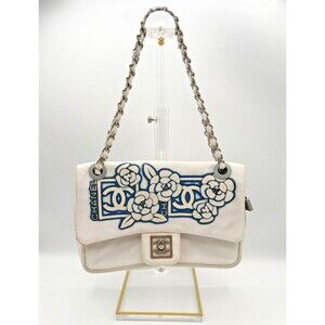 Chanel White & Blue Floral Print Nylon Canvas Sport CC Flap Bag Vintage Y2K